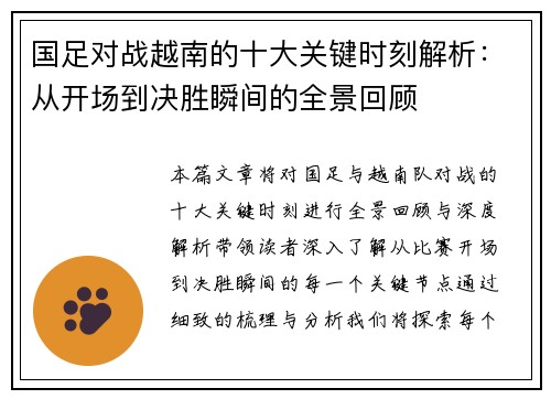 国足对战越南的十大关键时刻解析：从开场到决胜瞬间的全景回顾