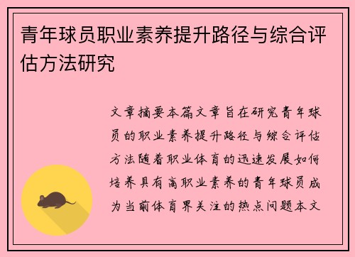 青年球员职业素养提升路径与综合评估方法研究 青年球员职业素养提升路径与综合评估方法研究