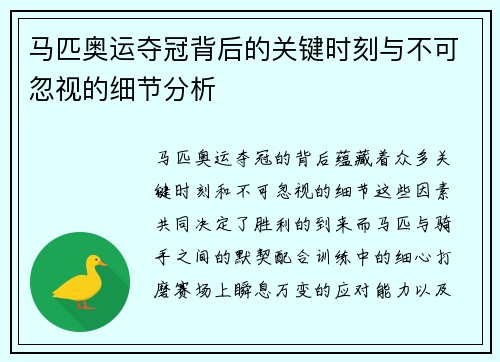 马匹奥运夺冠背后的关键时刻与不可忽视的细节分析 马匹奥运夺冠背后的关键时刻与不可忽视的细节分析